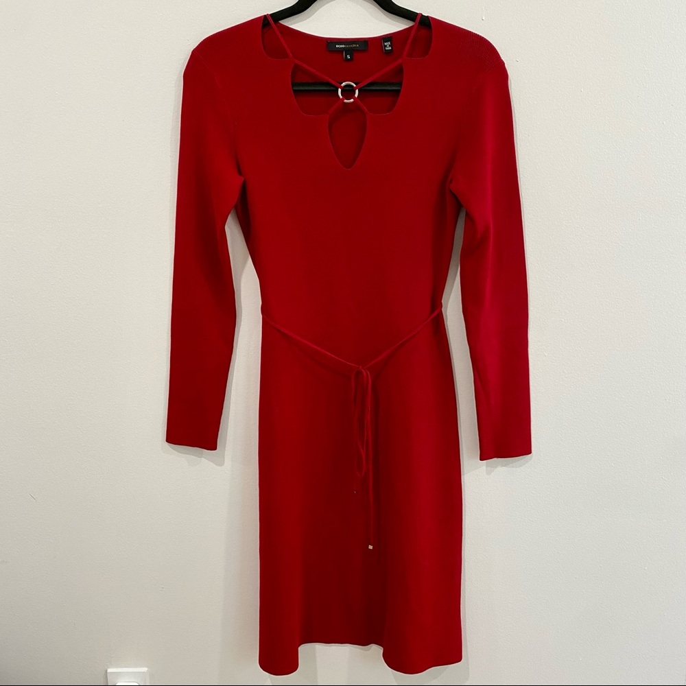 BCBGMaxazria | Red Long Sleeve Knit Tie Waist Midi Dress